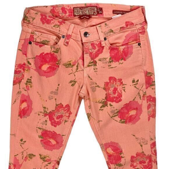 Lucky Brand Legend Skinny Jeans Womens 2/26 Peach Floral Stretch 5 Pockets Denim - Picture 2 of 13